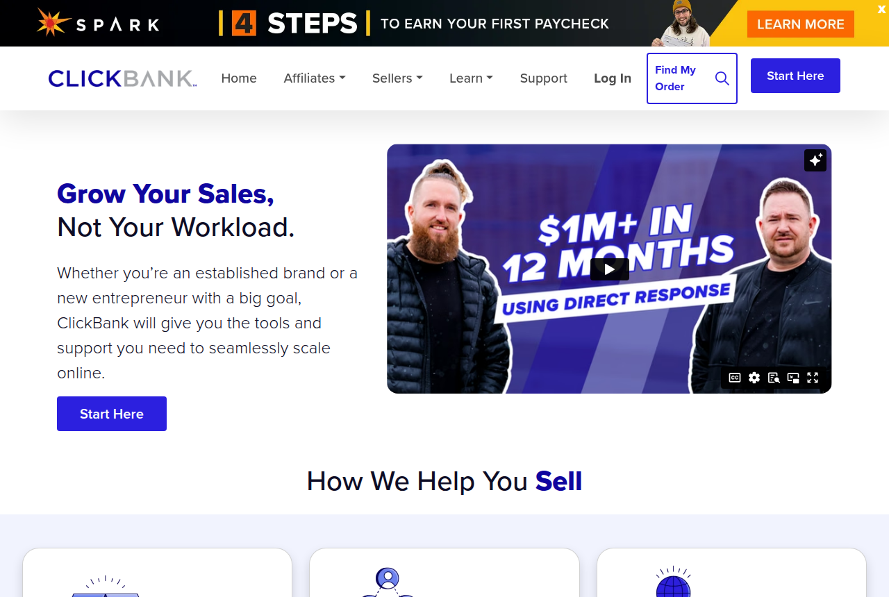 ClickBank's seller page, headed 'Grow Your Sales, Not Your Workload', with a Start Here button and the site's main navigation